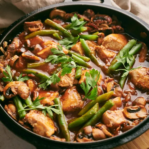 Jachtsauspannetje met kip, sperziebonen en champignons