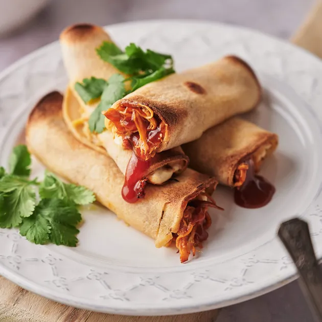 Crispy honey BBQ chicken taquitos