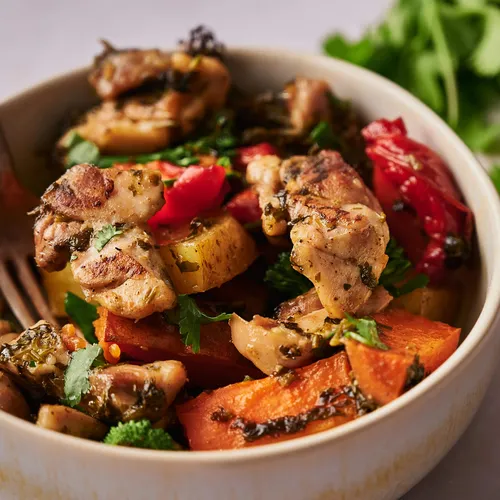 Traybake van kip, krieltjes, zoete aardappel en broccoli