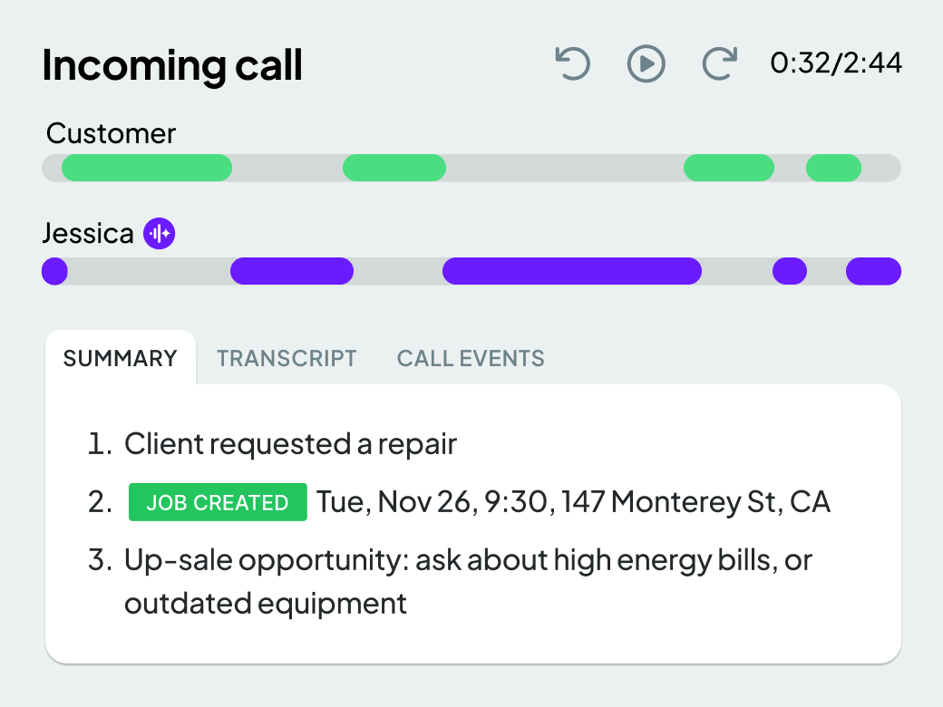 An incoming call summary showing the job created and an upsell opportunity