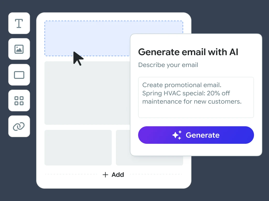 Drag-and-drop email editor with an AI panel generating a promotional HVAC email from a short prompt