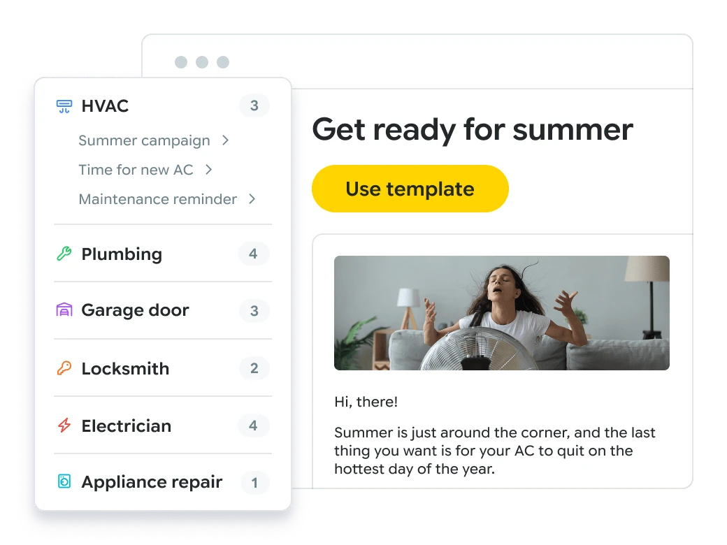 Vertical-specific campaign playbooks for HVAC, plumbing, and more, with a ready-to-use “Get ready for summer” email template