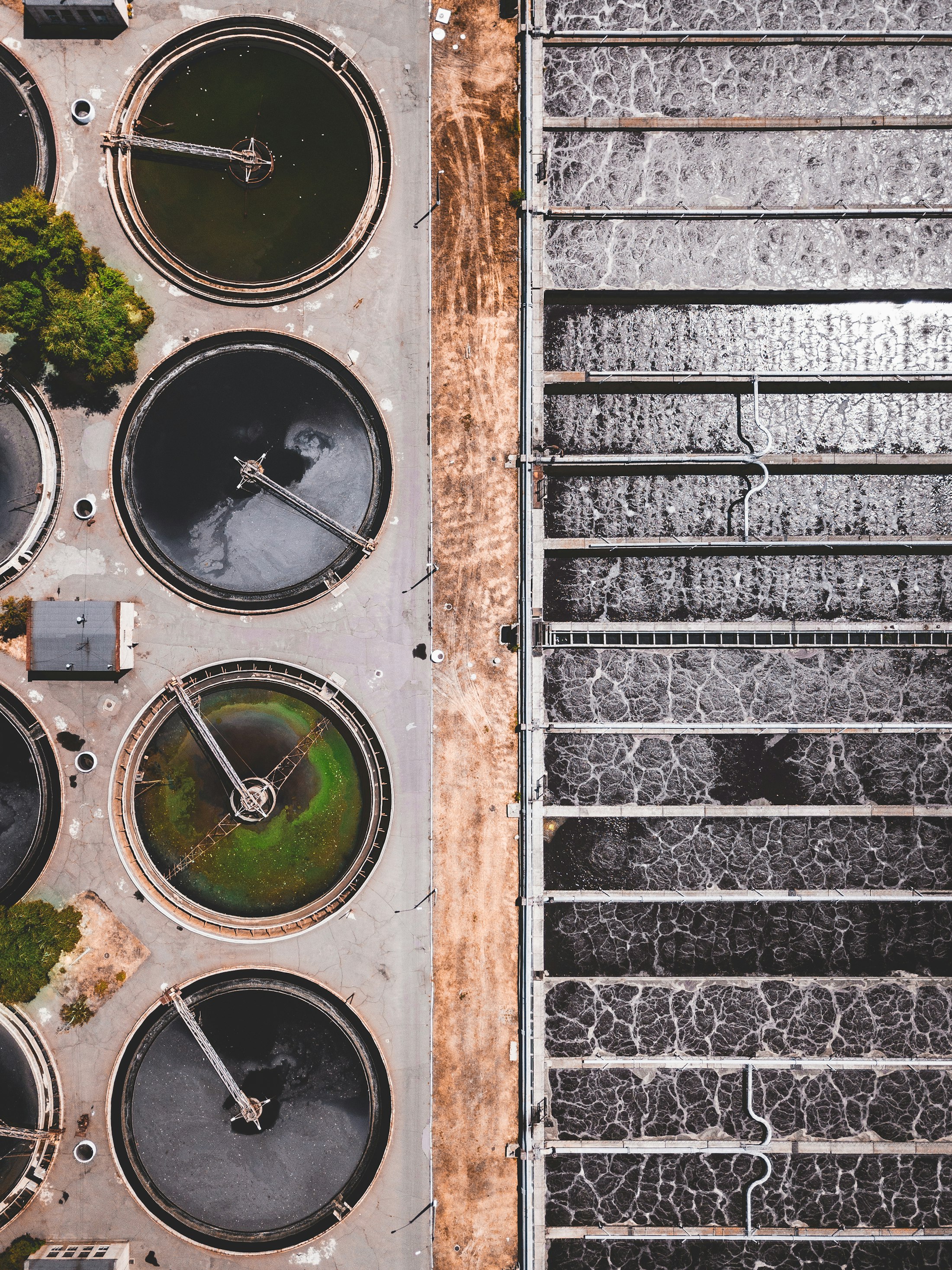 Aerial view of water treatment tanks