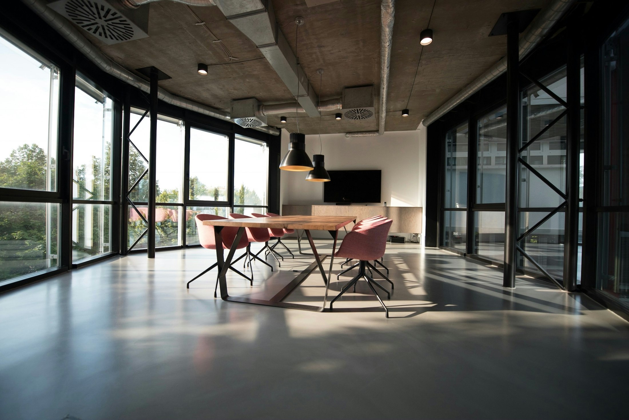 Business meeting room with city outlook