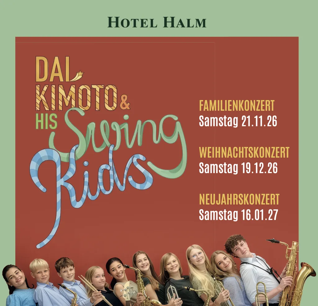 Plakat mit "Dal Kimoto & His Swing Kids", Konzertdaten im Hotel Halm: Familienkonzert 21.11.26, Weihnachtskonzert 19.12.26, Neujahrskonzert 16.01.27.