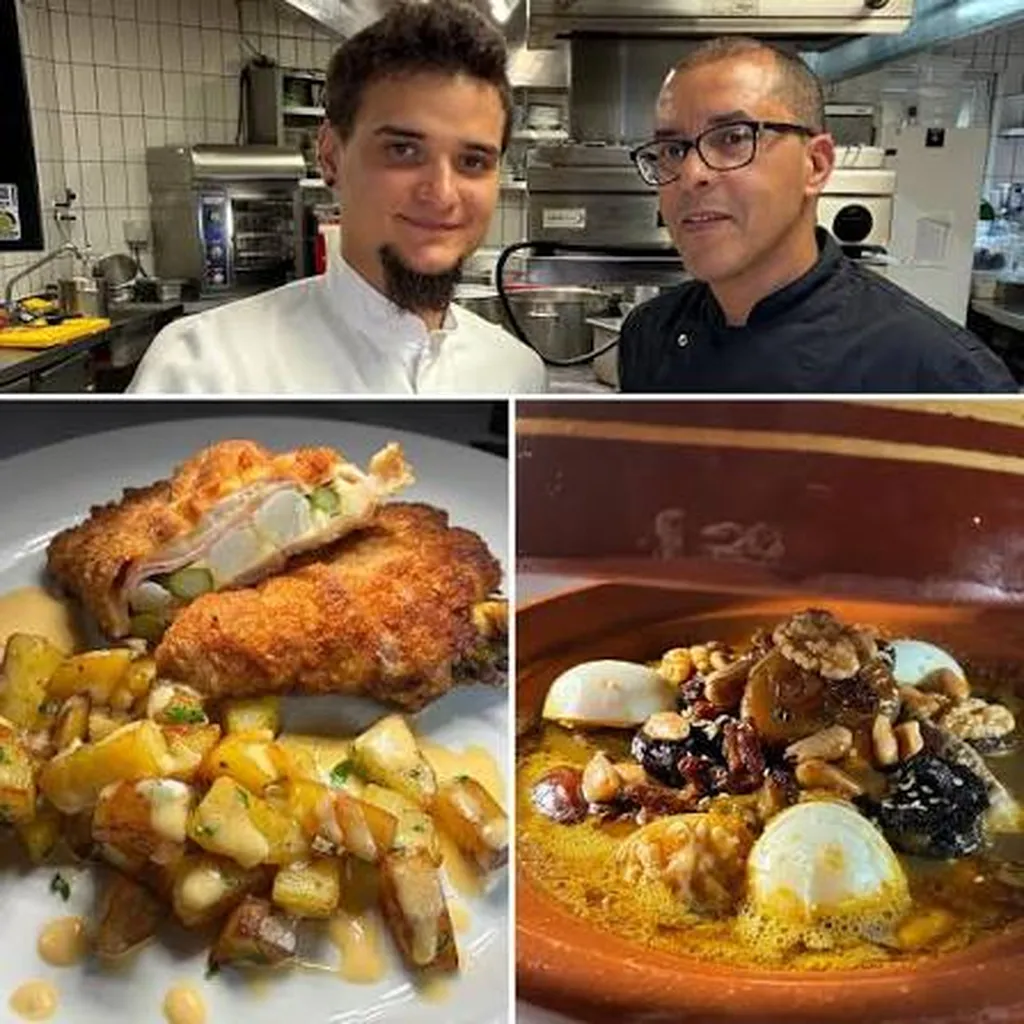 Zwei Köche in einer Profiküche, ein Teller mit gebratenem Fleisch und Kartoffeln, daneben ein Gericht mit Eiern und Nüssen in einer braunen Schüssel.