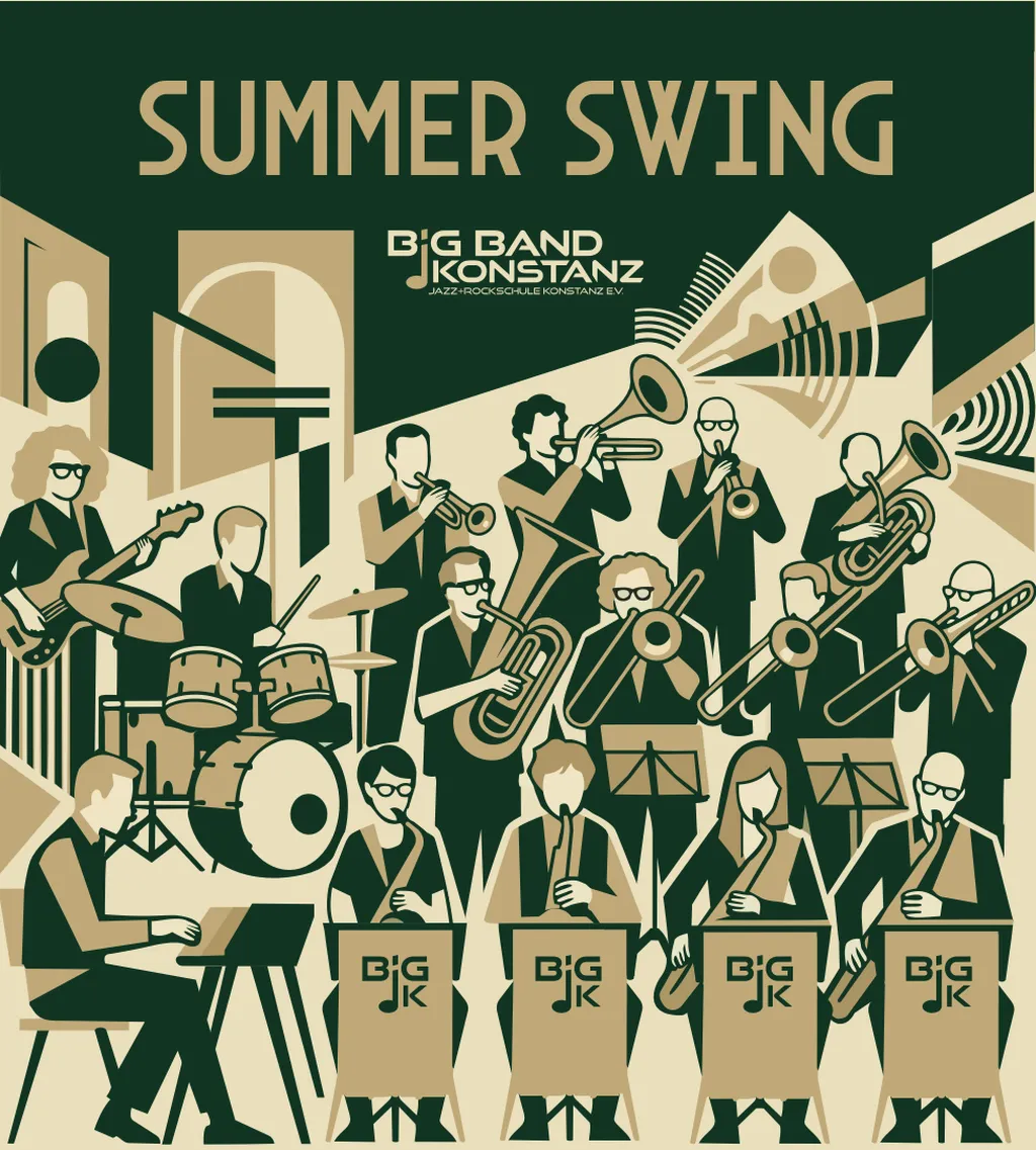 Illustration der Big Band Konstanz mit verschiedenen Musikern und Instrumenten, darunter Trompeten, Posaunen, Schlagzeug und mehr. Text: "Summer Swing".
