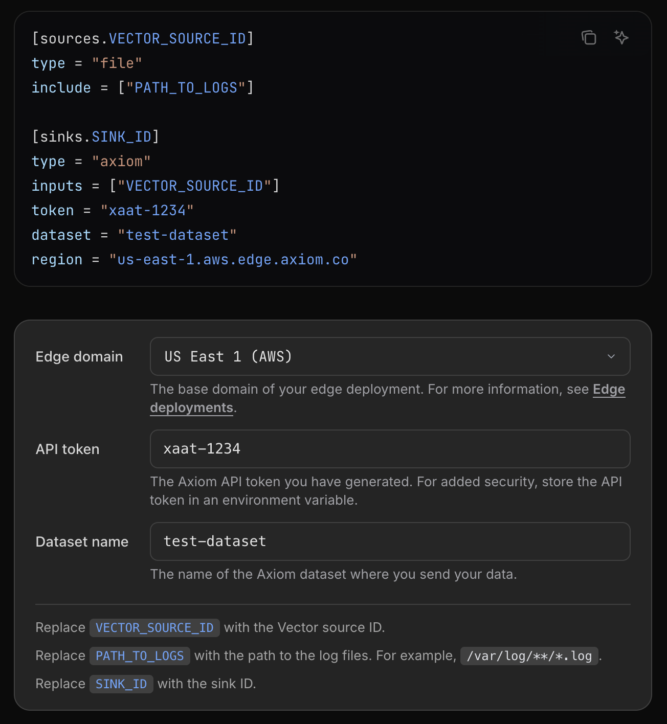 The placeholder configurator rendered below a code block, showing input fields for API_TOKEN and DATASET_NAME with values substituted and highlighted in blue