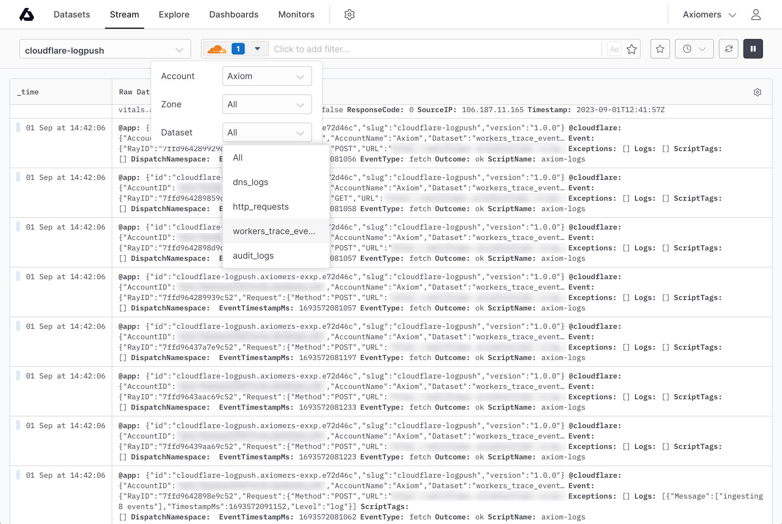 A screenshot showing the Axiom log Stream tab with the smart filters expanded showing select options for Account, Zone and Dataset