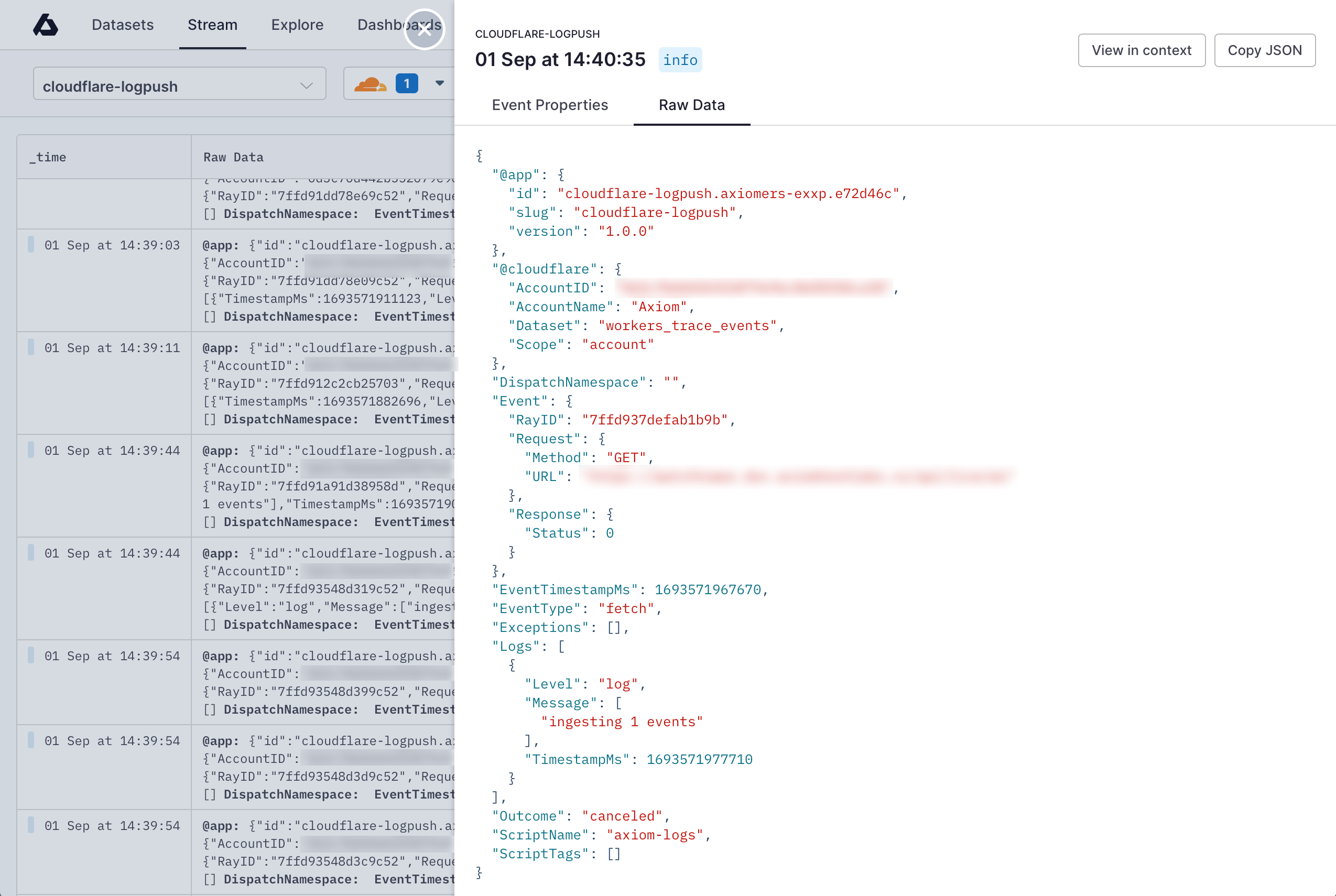 A screenshot showing the Axiom log Stream tab with a workers_trace_events log open