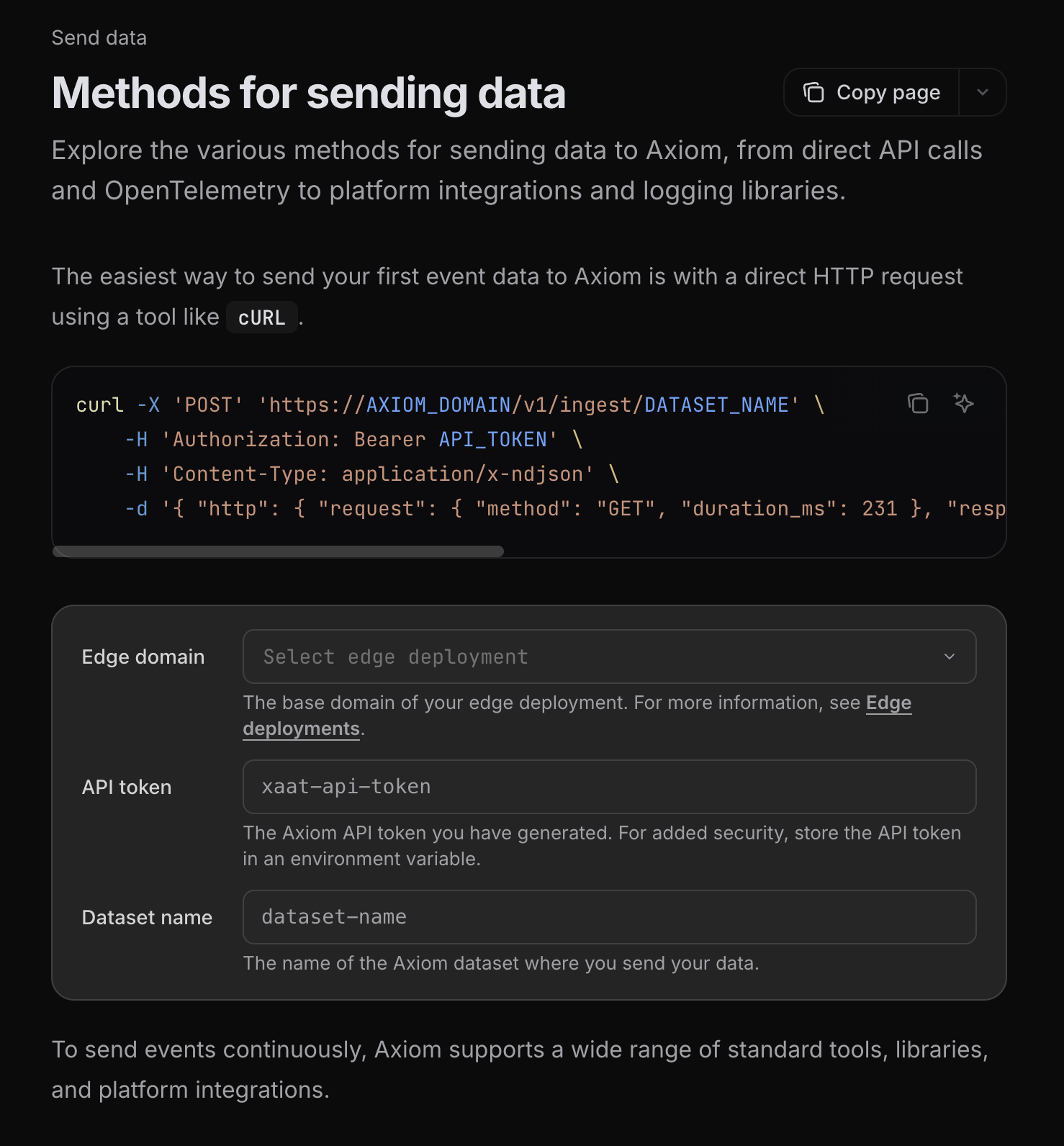 Human view: the configurator with input fields below a code block, filled values highlighted in blue, and a copy button that captures the substituted text