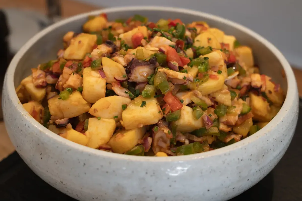 A bowl of colorful salad with diced vegetables and fruit, featuring a mix of yellow, red, and green ingredients, served in a speckled ceramic bowl.