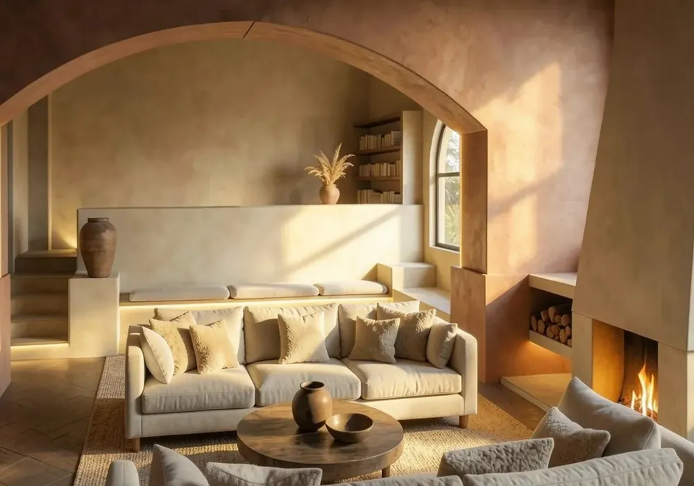 Cozy living room with neutral-toned sofas, round wooden coffee table, fireplace, and archway. Sunlight streams through an arched window, highlighting decor.