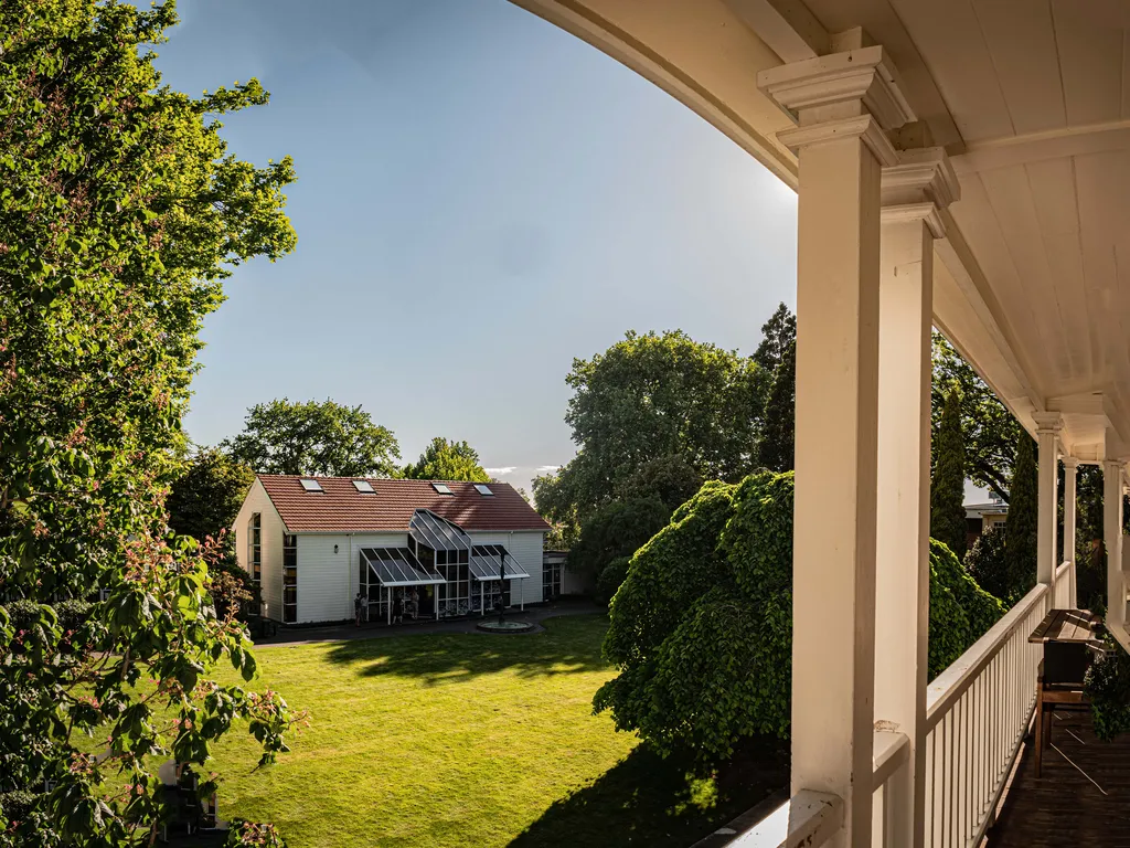 View from the homestead verandah across the lawn to the library