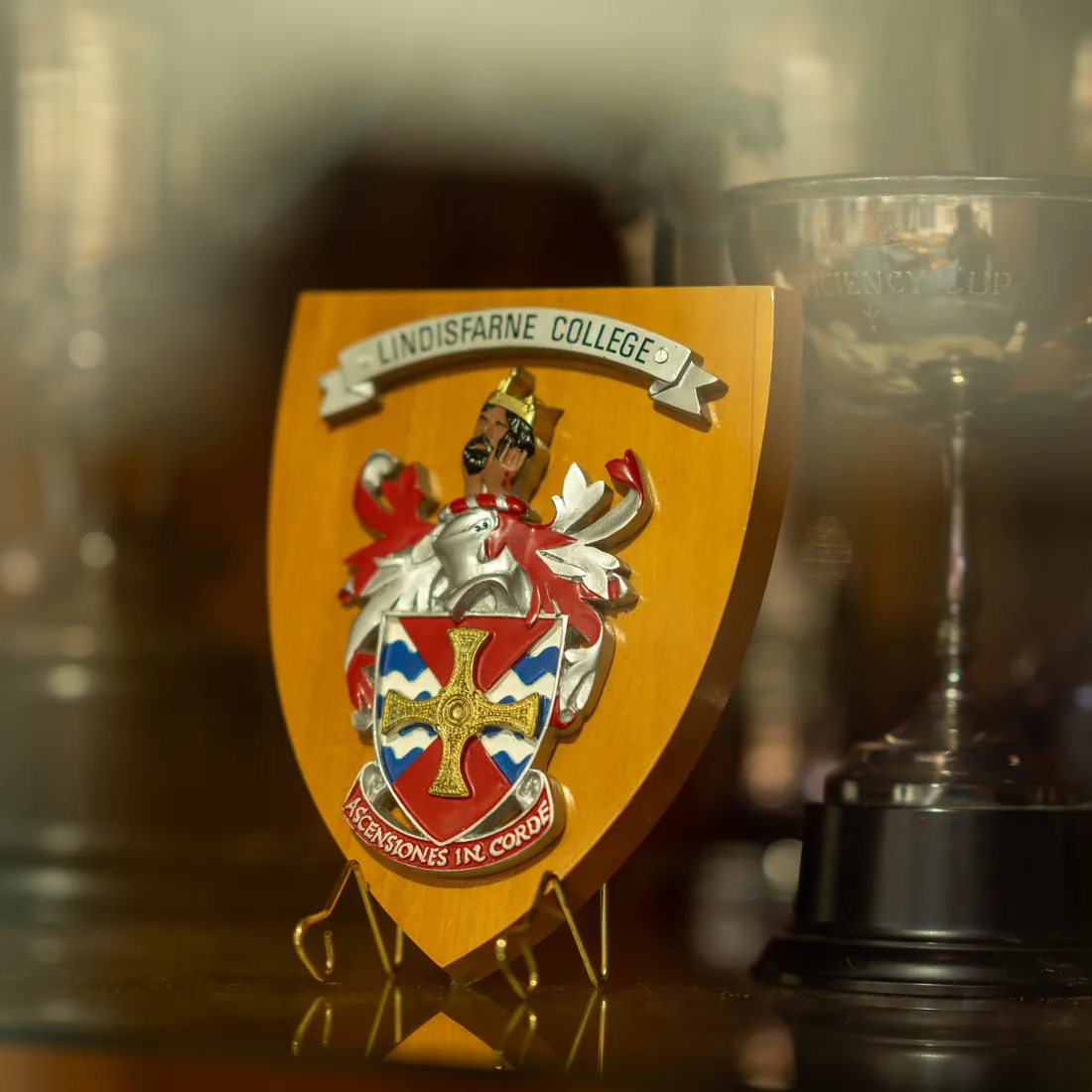Lindisfarne College crest plaque beside a trophy in the archives