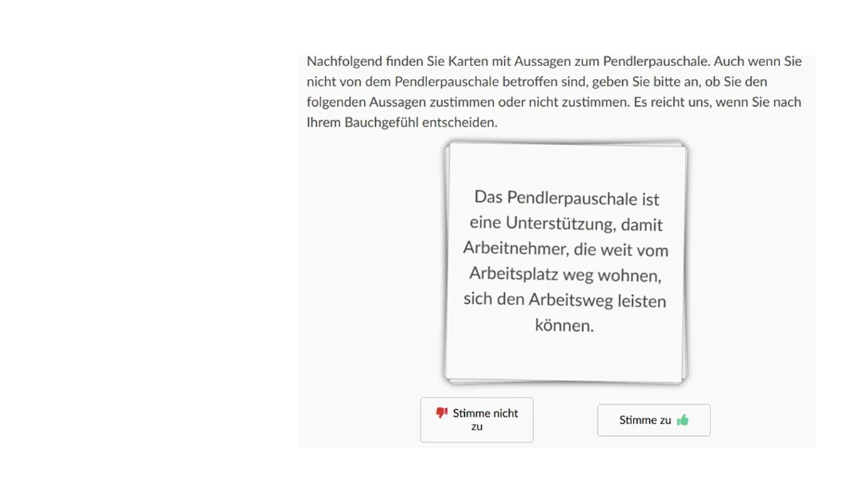 Text in German about commuting allowance support for employees who live far from work, with options to agree or disagree.