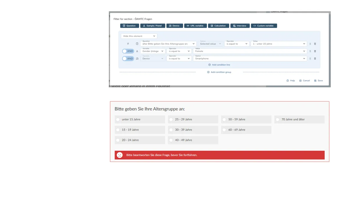 An interface shows filtering options and an age selection form in German. A message prompts users to answer before proceeding.