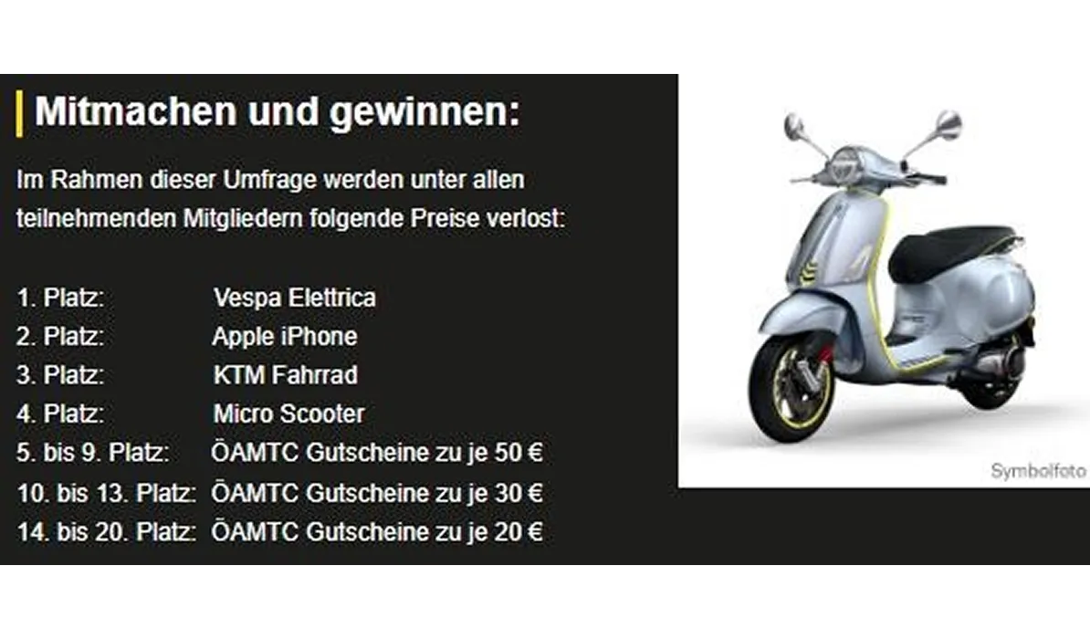 Survey participation prize list including Vespa Elettrica, iPhone, KTM bike, micro scooter, and ÖAMTC vouchers. Image of a silver Vespa.