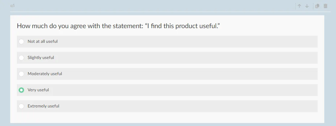 5-point Likert scale on Survalyzer measuring product usefulness from Not at all Useful to Extremely Useful.