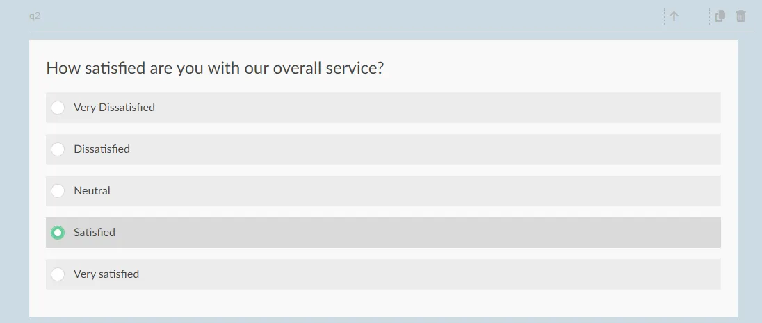 5-point Likert scale on Survalyzer measuring overall service satisfaction from Very Dissatisfied to Very Satisfied.