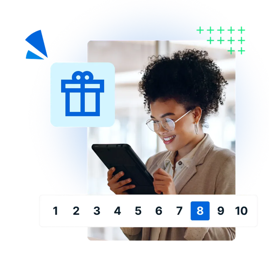 A woman using a tablet receiving incentives because she's answering a survey