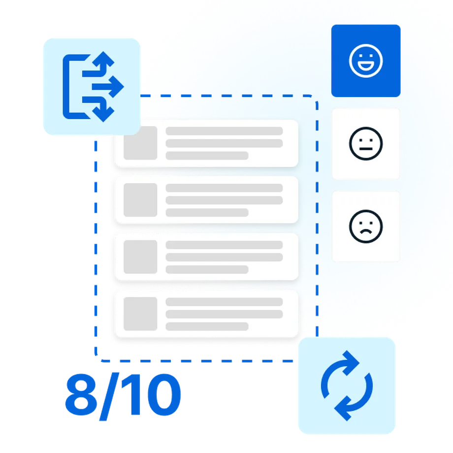 Icon representing data sorting with four items, a score of 8/10, and emoji ratings from happy to sad.