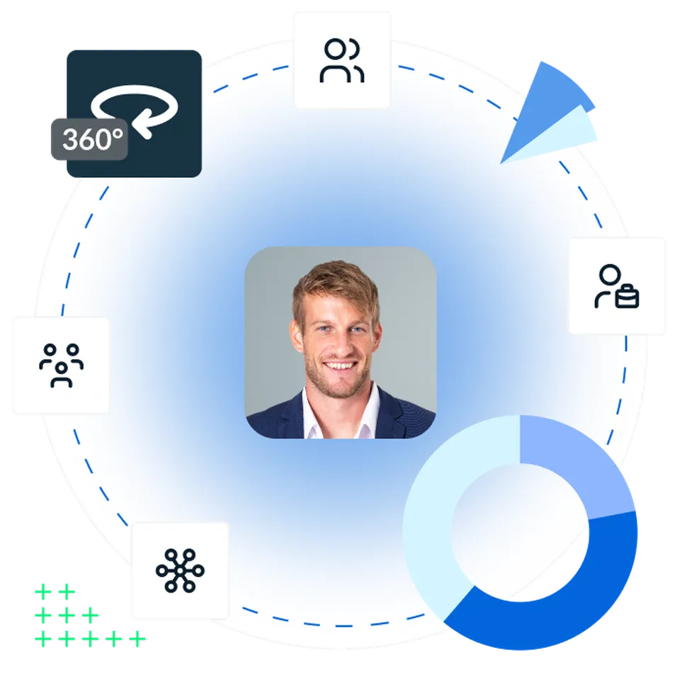 Confident european leader smiling closeup portrait surrounded by key drivers to analyze a 360 degree assessment