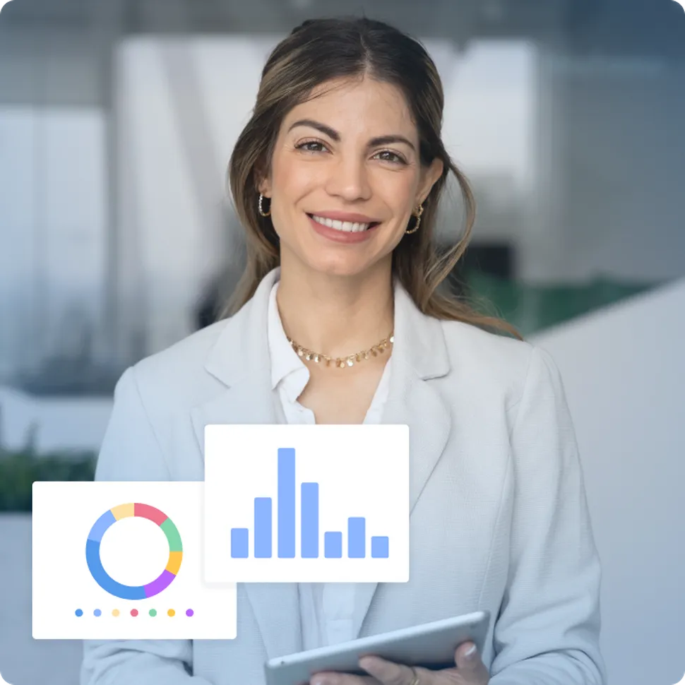 A business woman holding a tablet and two diagramms representing data analysis