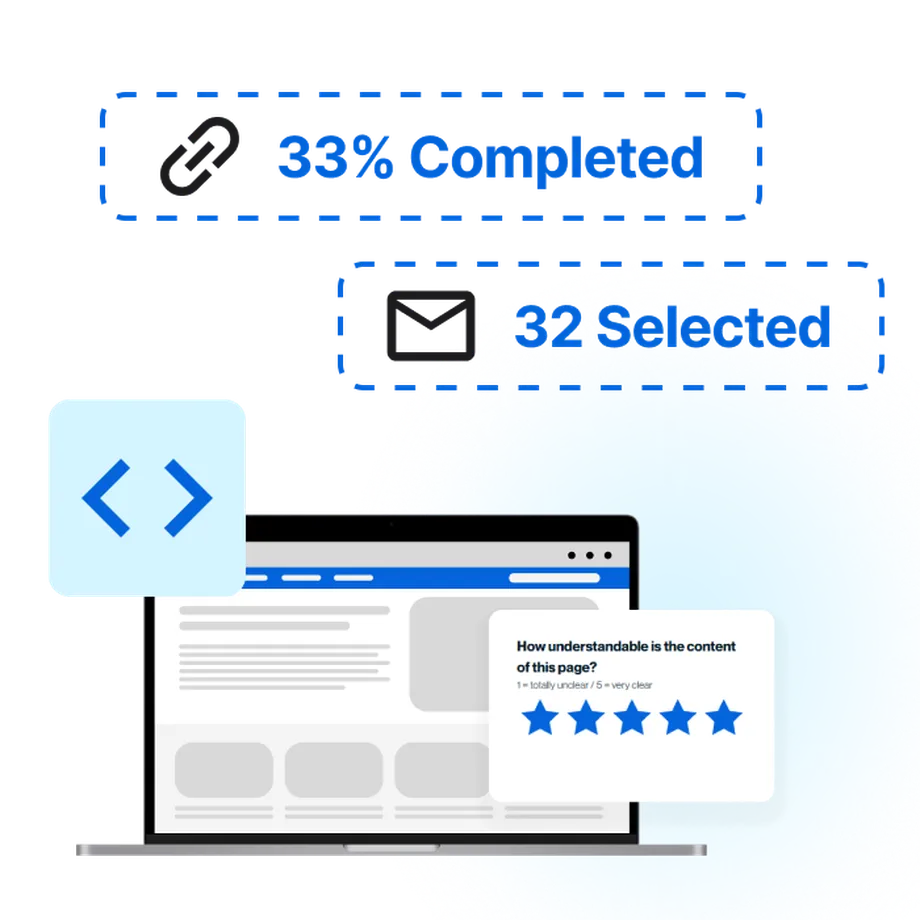 Abstract illustration showing a website survey with a star rating, progress bar at 33% completed, and email icon with 32 selected.