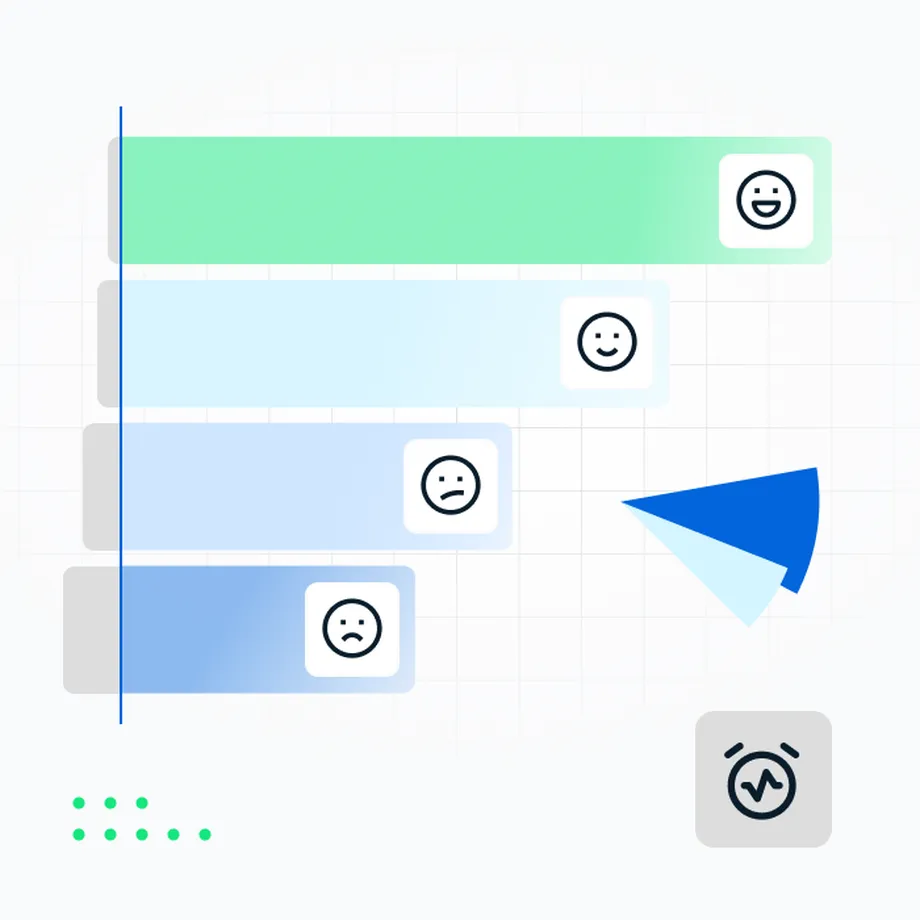 Abstract chart with bars showing smiling, neutral, and sad faces, alongside a blue segmented circle with varying shades.