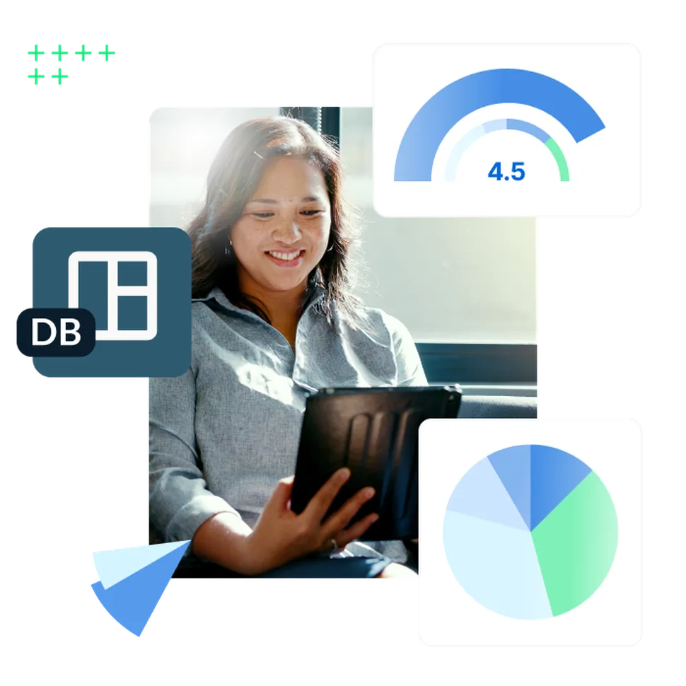 A woman working on a tablet and analyzing data