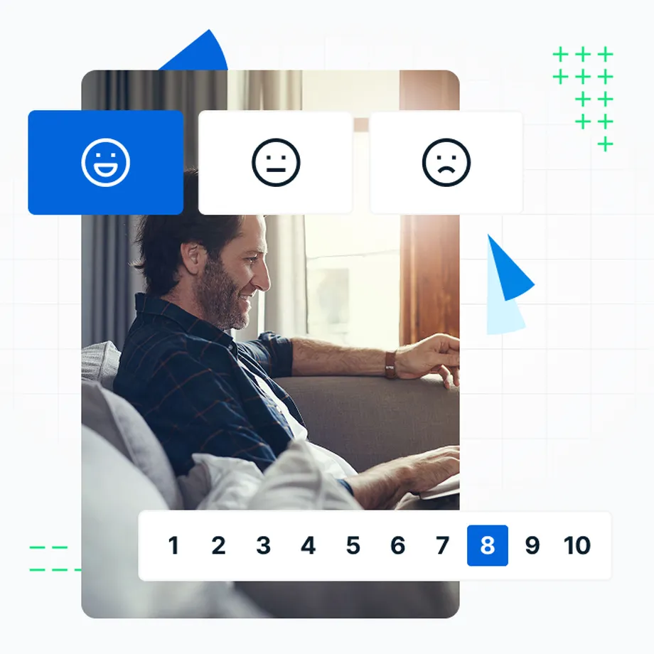 A man is sitting on a sofa answering a customer satisfaction survey
