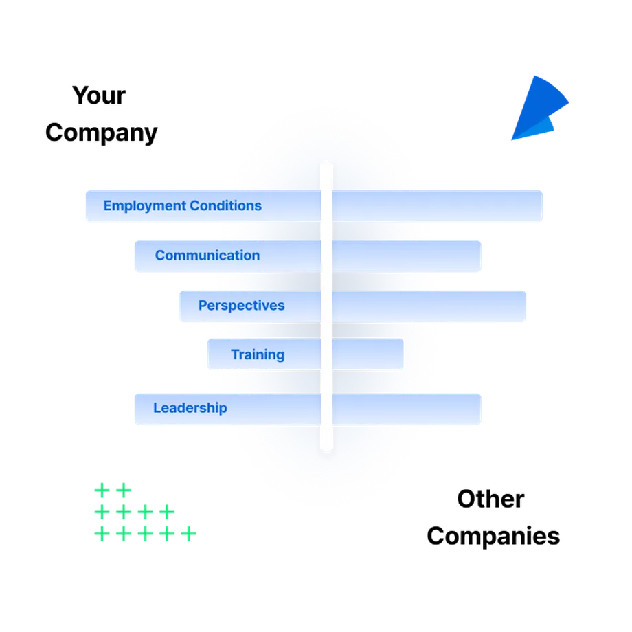 Horizontal bar chart with categories: Employment Conditions, Communication, Perspectives, Training, Leadership, against a blue gradient background.