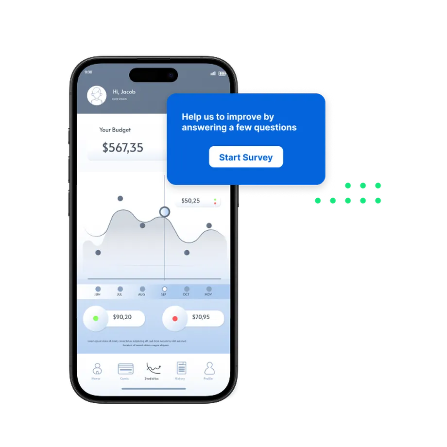 Smartphone displaying a finance app with a budget graph of $567.35 and a pop-up survey invitation.