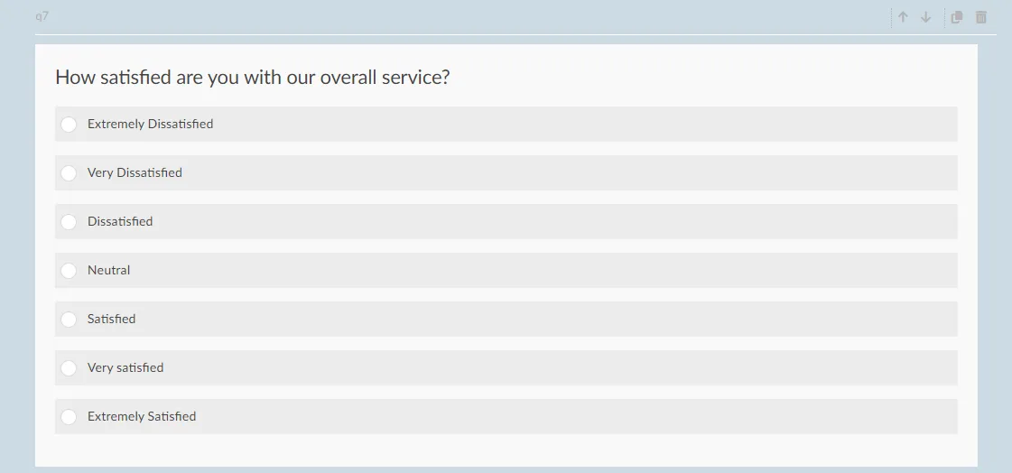 7-point Likert scale on Survalyzer measuring service satisfaction from Extremely Dissatisfied to Extremely Satisfied.
