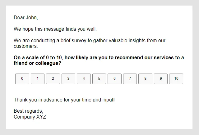 NPS Survey Question embedded in email message using Suyrvalyer