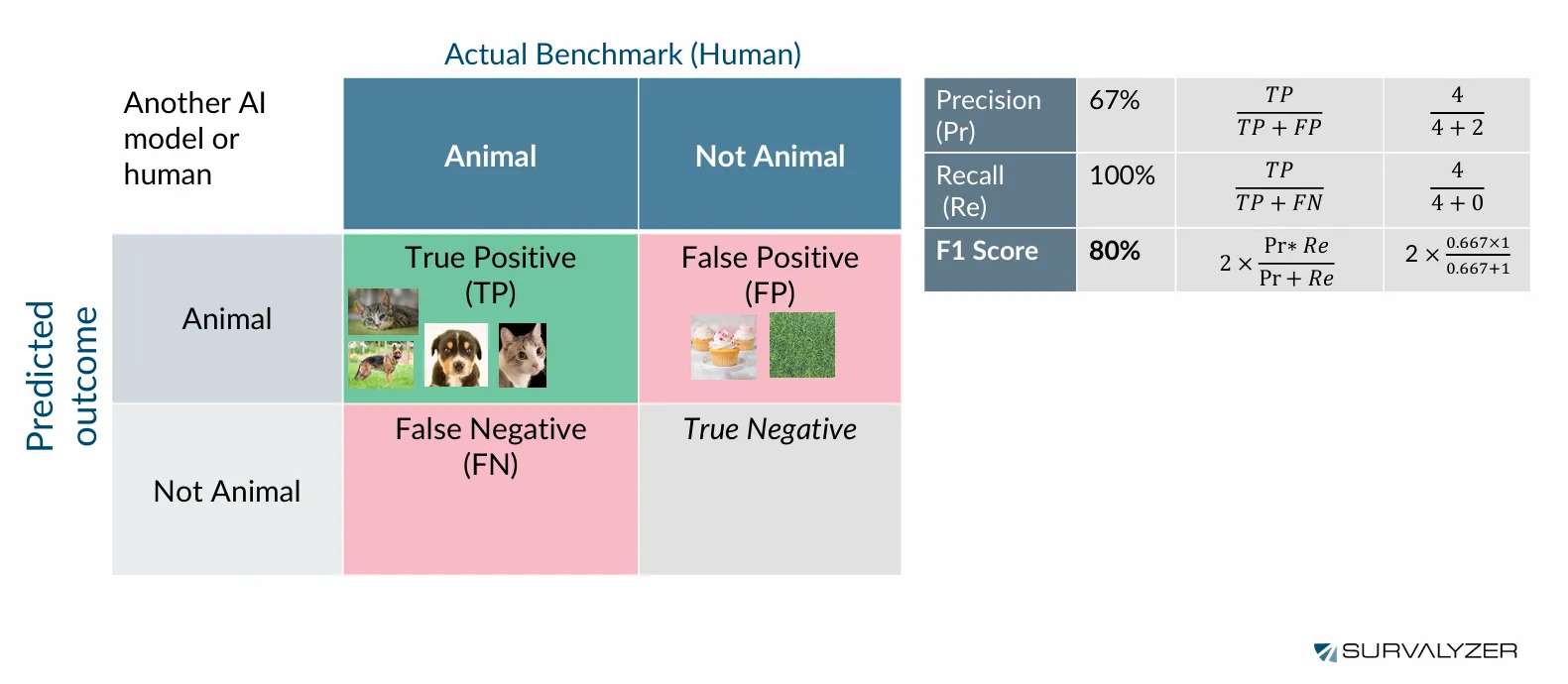Visual comparison of an AI model and human performance in animal identification, highlighting precision, recall, and F1 scores.