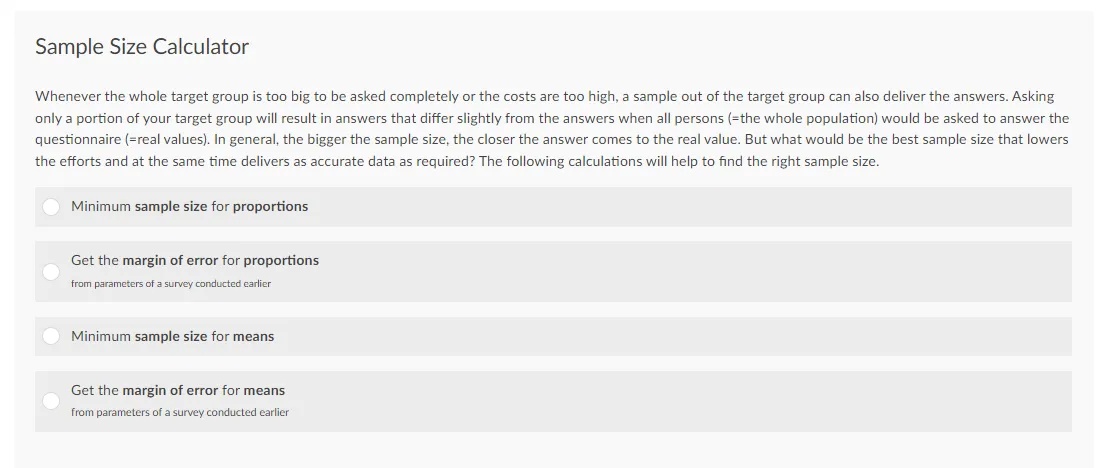 The first page of Survalyzer's survey sample size calculator