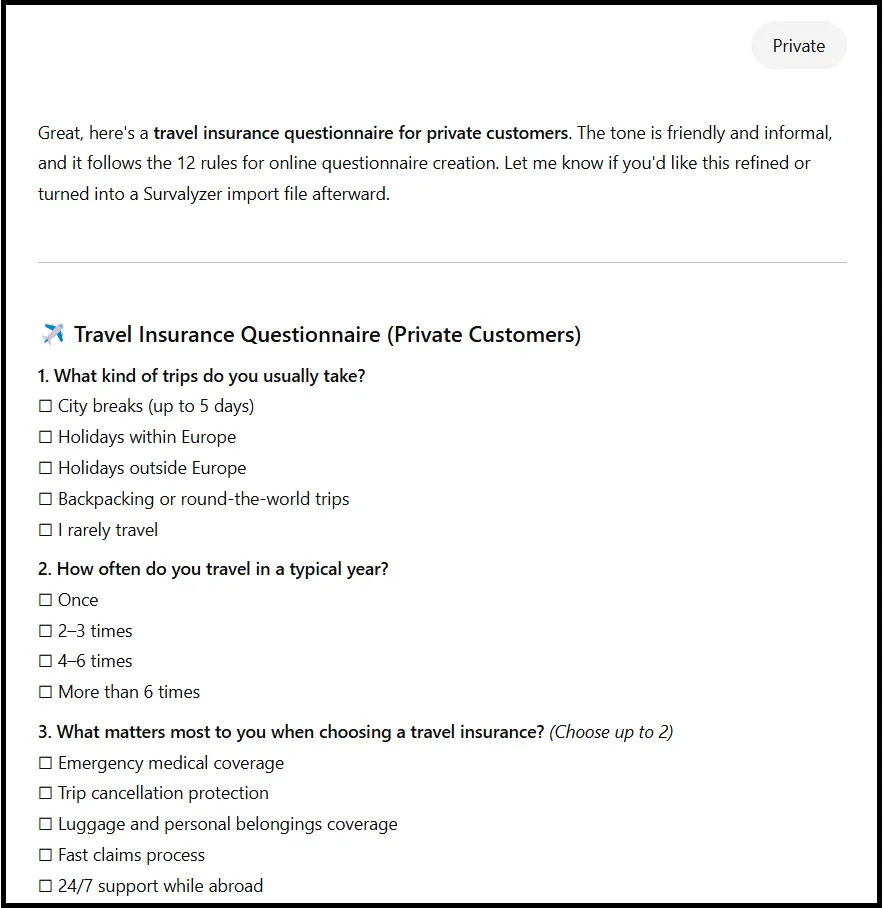 Prompt questionnaire AI