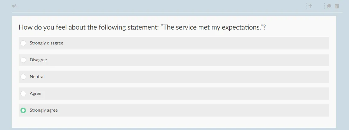 5-point Likert scale on Survalyzer measuring agreement with service expectations from Strongly Disagree to Strongly Agree.