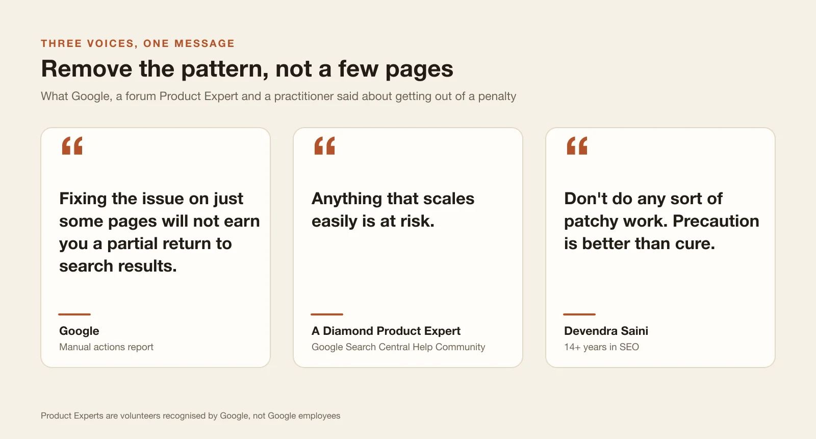 Three quotes: Google says fixing some pages will not earn a partial return; a Diamond Product Expert says anything that scales easily is at risk; Devendra Saini says don't do patchy work