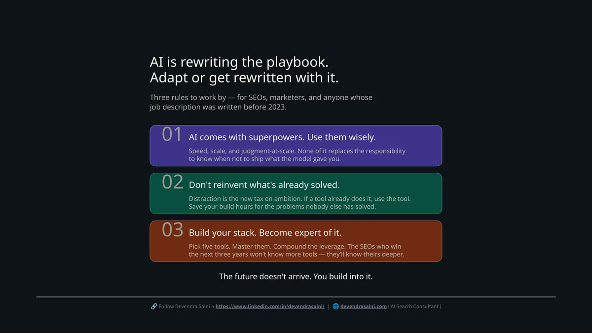 Three rules to work by with AI: use the superpowers wisely, do not reinvent what is solved, build your stack and master it