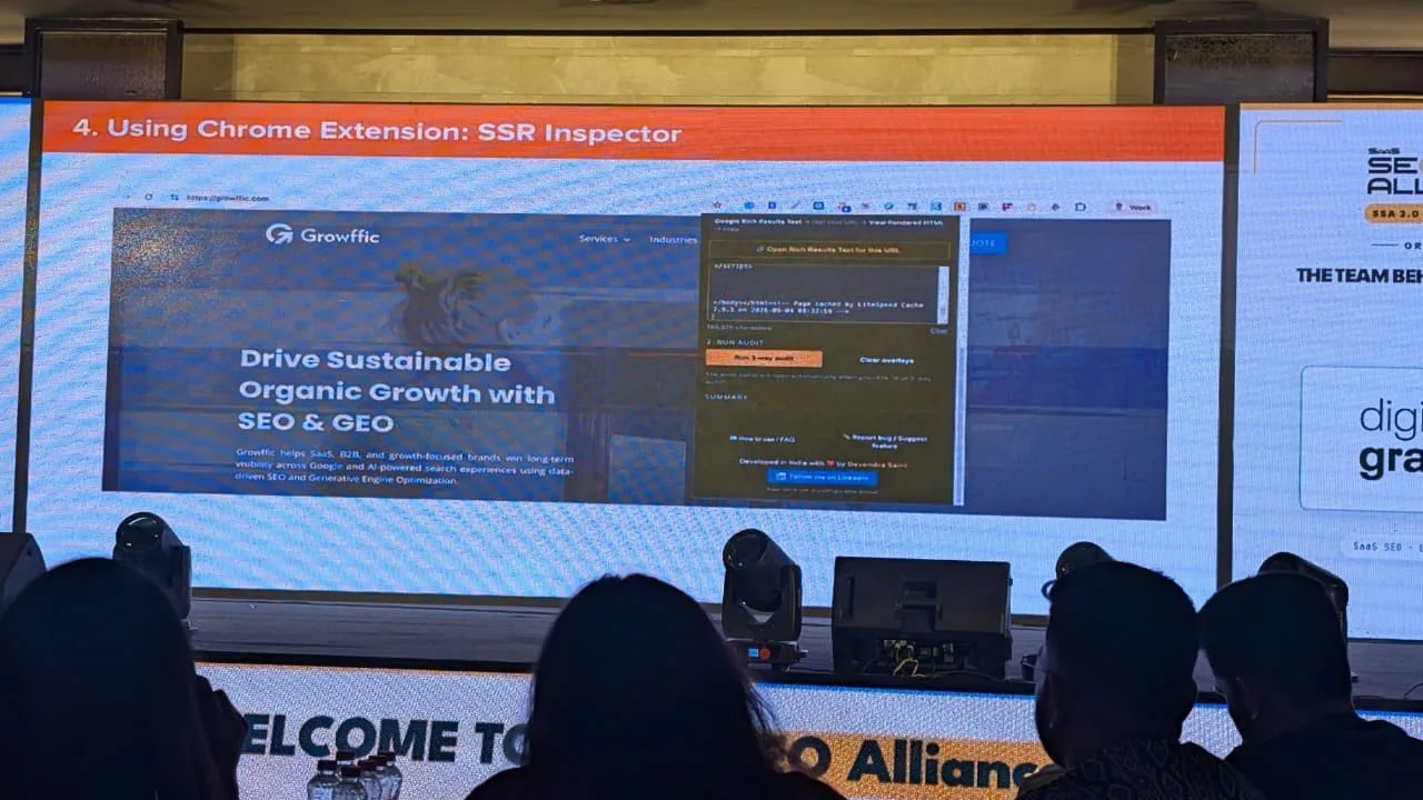 Conference slide titled Using Chrome Extension: SSR Inspector, showing the extension's 3-way audit panel on the Growffic website, on screen at SaaS SEO Alliance 2.0
