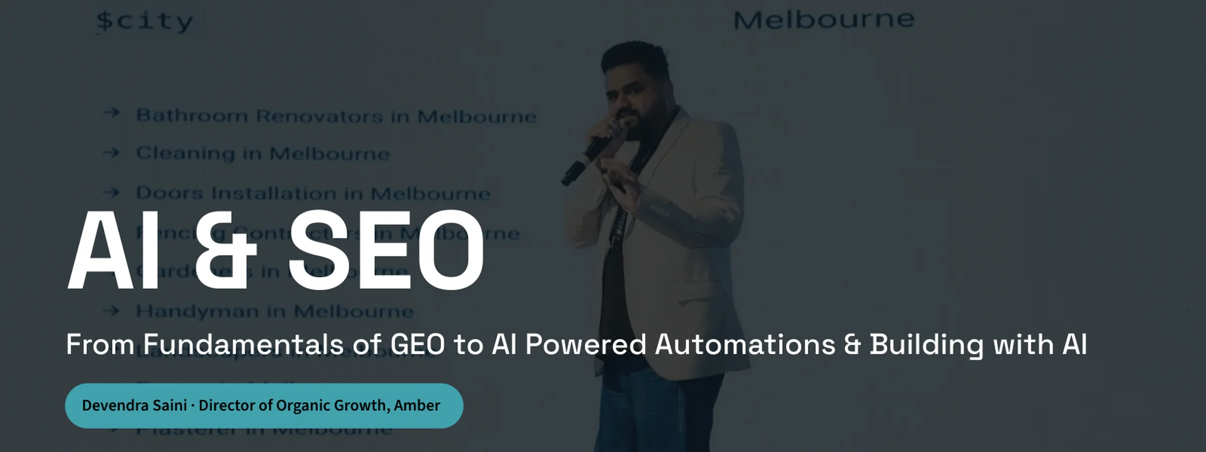 AI & SEO talk title slide: From the fundamentals of GEO to AI-powered automations and building with AI