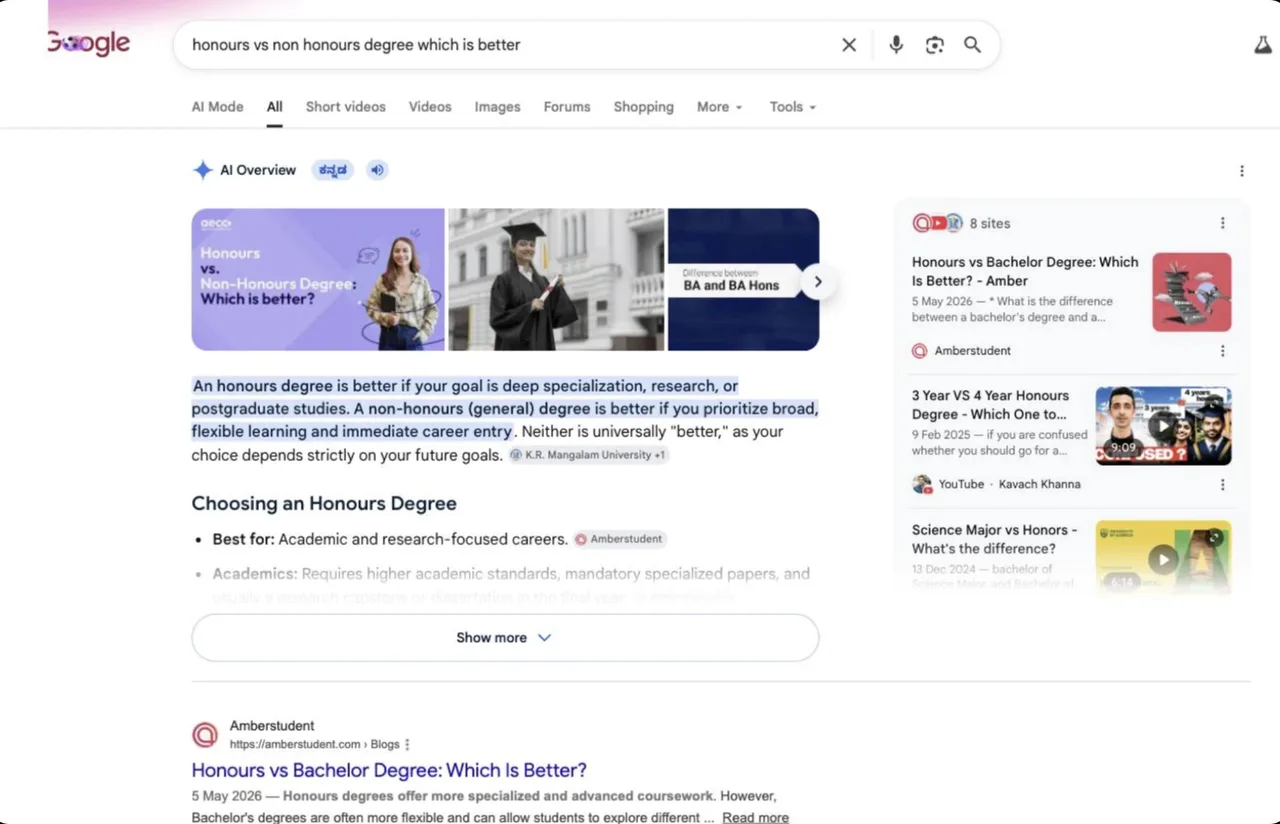 Amber Student cited as the number-one source in Google AI Overview for honours vs non honours degree