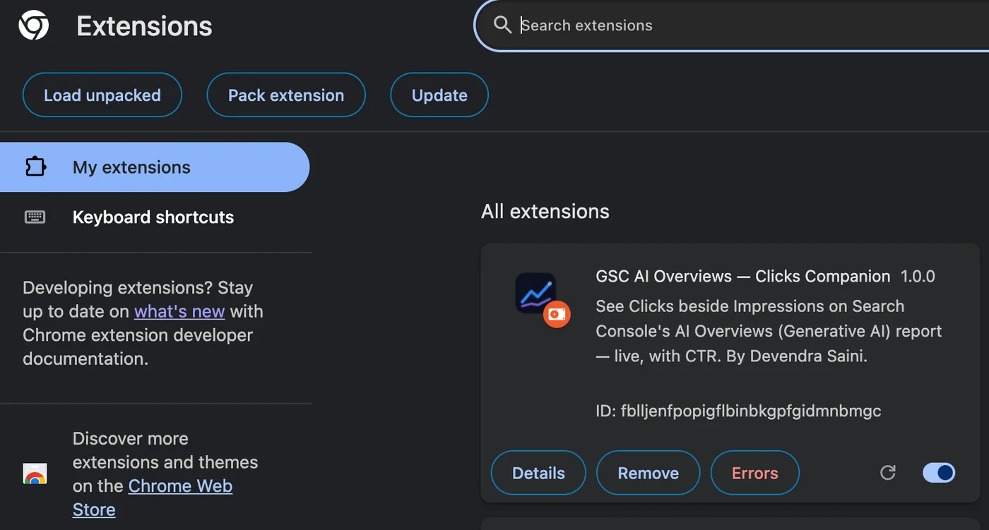 GSC AI Overviews Clicks Companion extension version 1.0.0 loaded in Chrome through Load unpacked