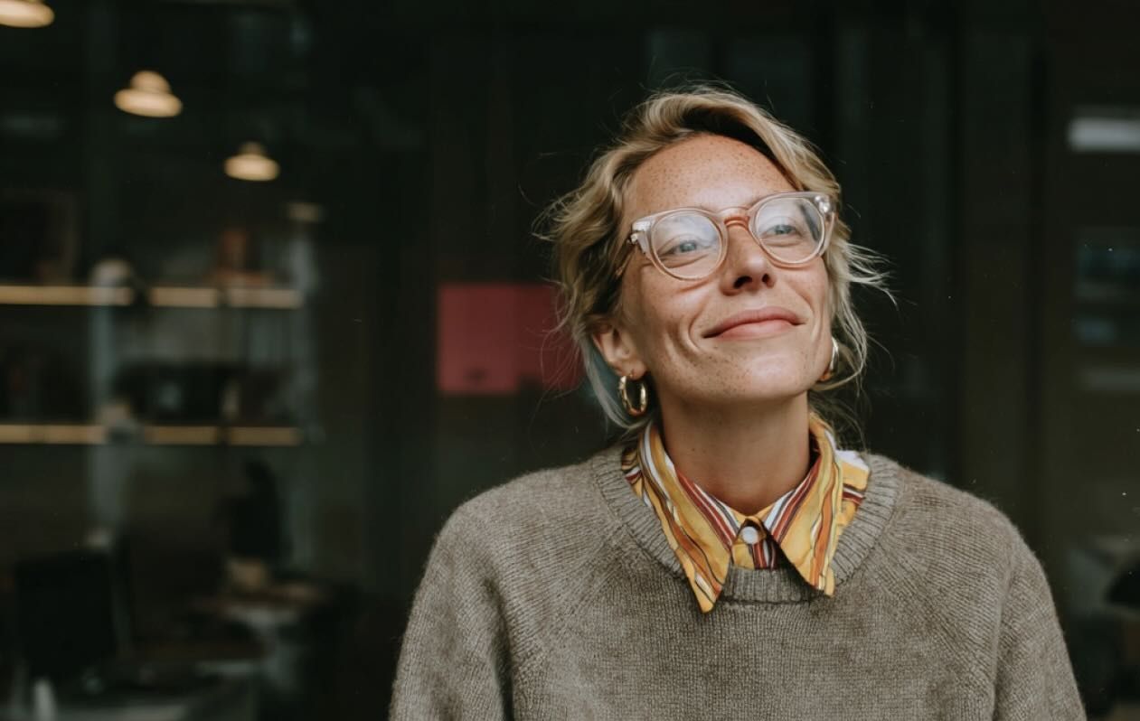 Person with glasses looking optimistic and pleased