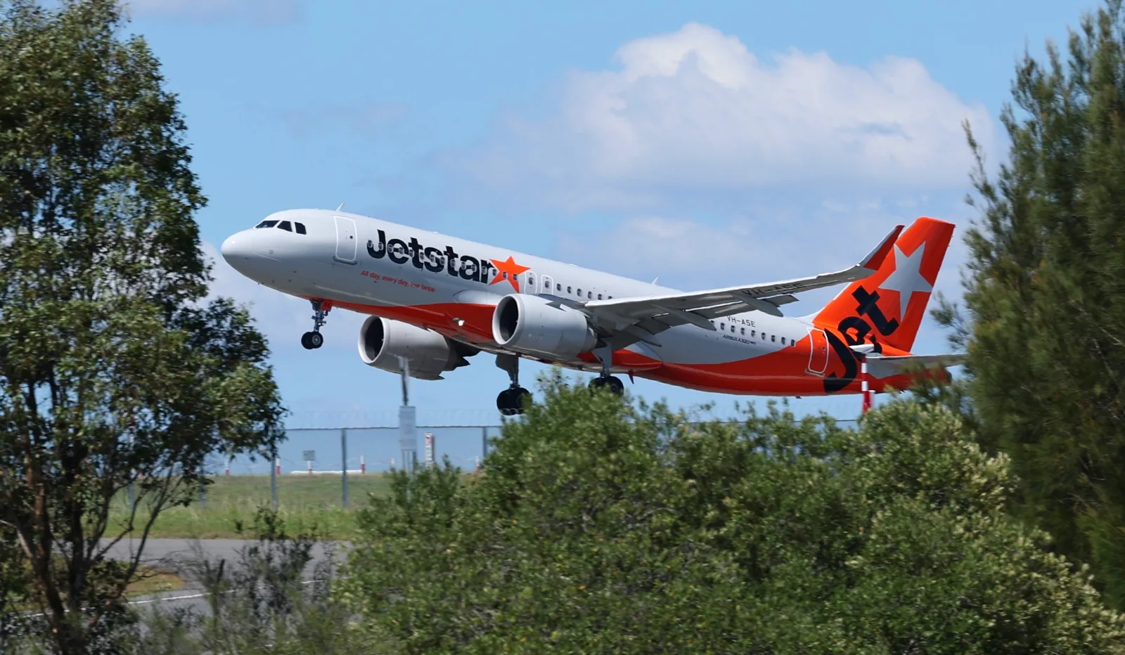 A Jetstar plane takes off during day one of operations at the Western Sydney Airport.