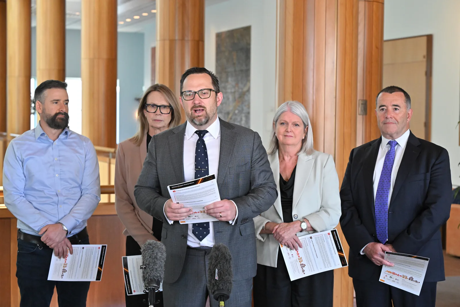 National Shelter CEO Jackson Hills alongside housing bosses (from left) Mike Zorbas, Jocelyn Martin, Cassandra Goldie and Mark Degotardi in Canberra.
