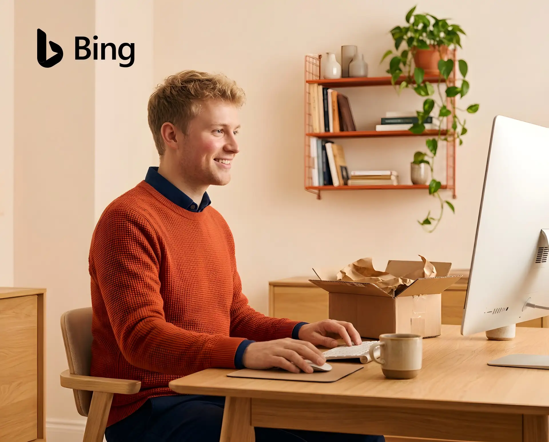 Asztali számítógépen online vásárló férfi, Bing-logó
